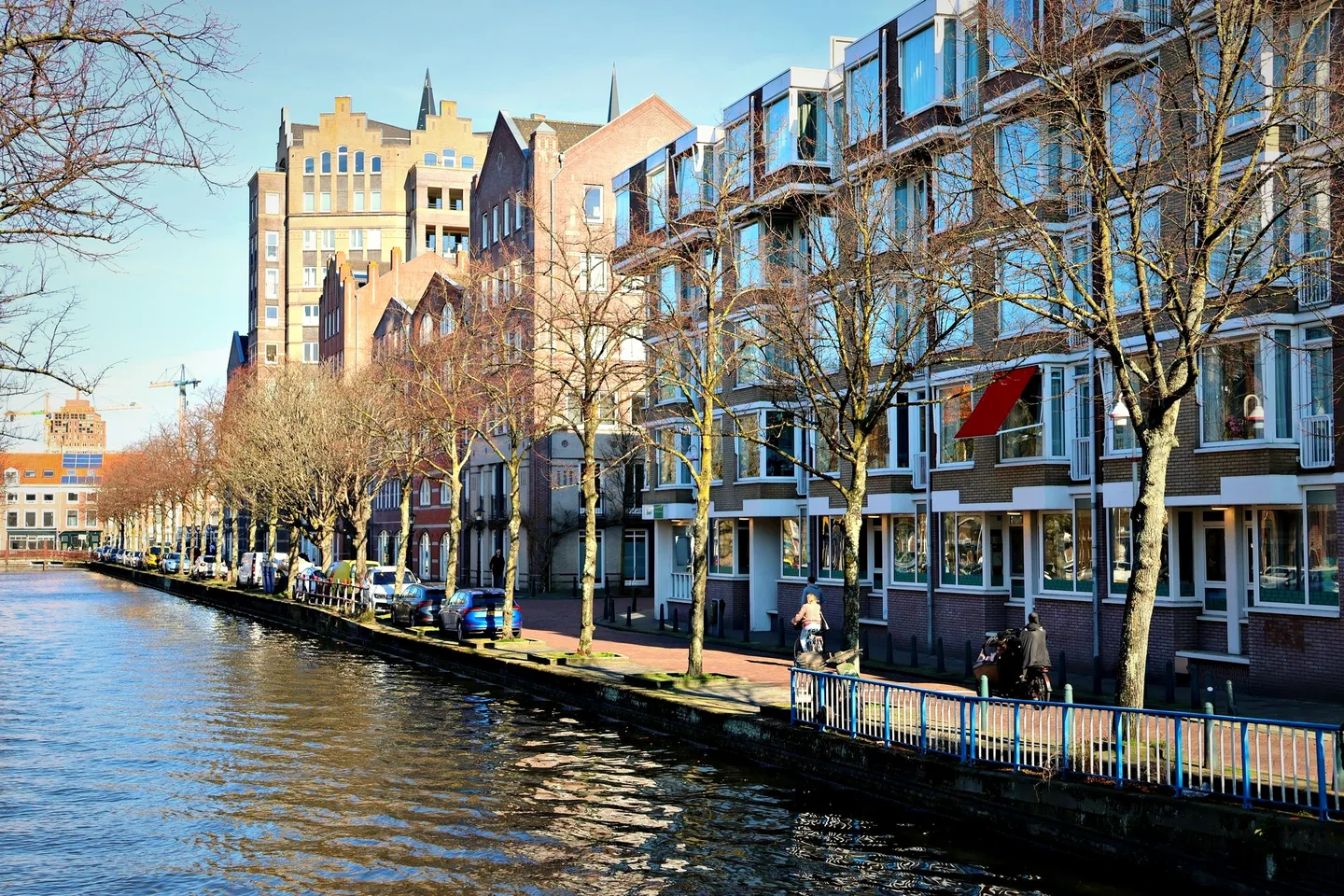 Gracht met bomenrij en kerktorenspits in de Rivierenbuurt